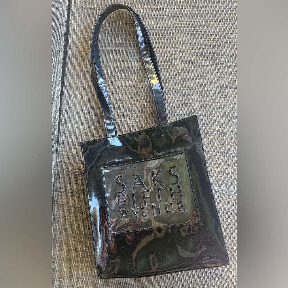 Vintage Saks Fifth Ave Black Patent Shopper Tote, See Through Front Panel